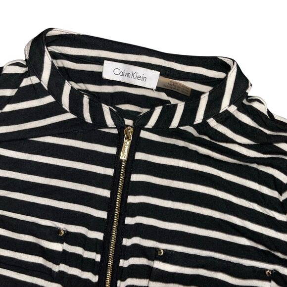 Calvin Klein Women Top Blouse Black and White Long Sleeve Striped Rayon - Picture 3 of 3